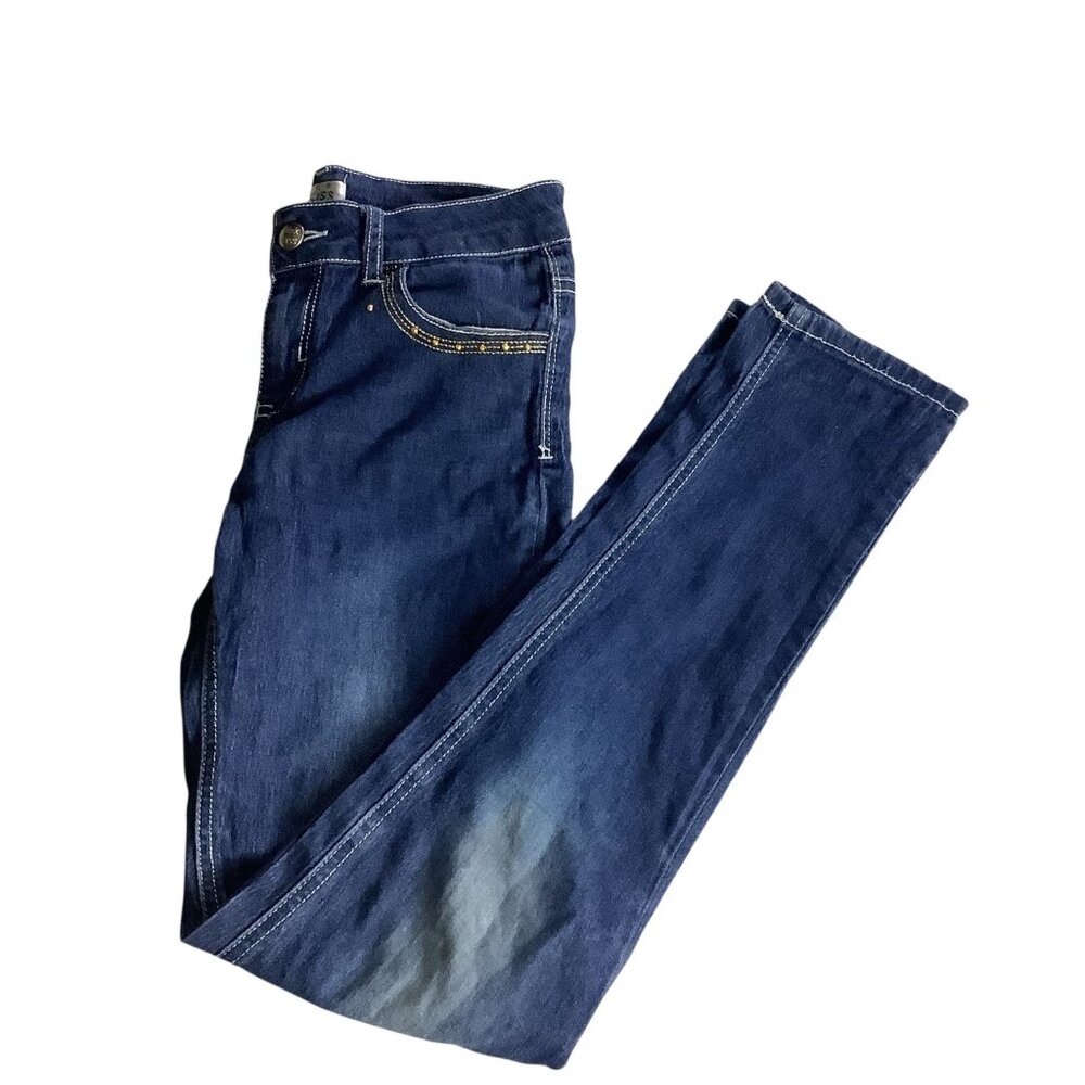 Pink Kiss Girls Distressed Denim Jeans Size 12 Blue Slim Fit Button & Zipper Clo